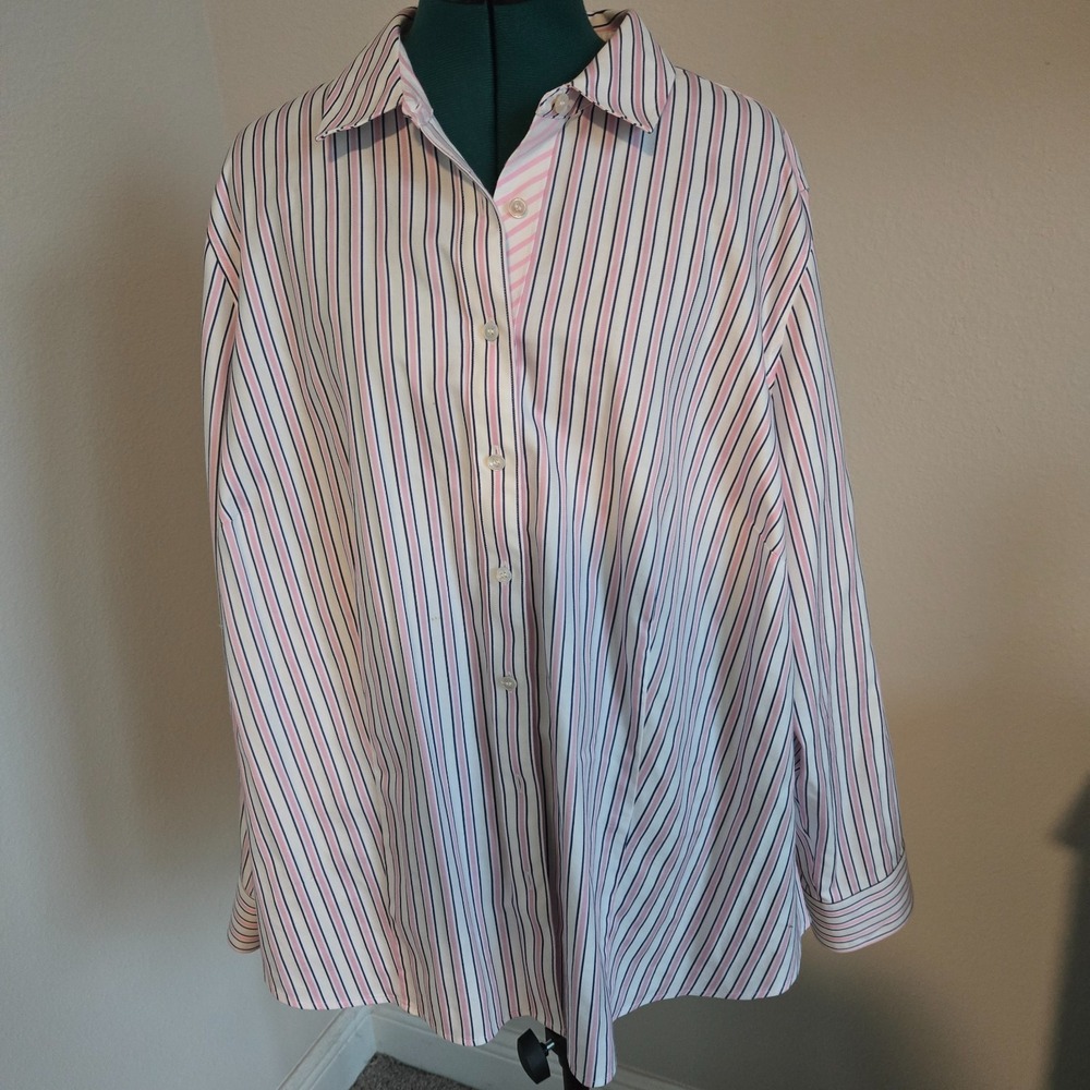 Talbots Womens Non-iron Button-up Shirt Sz 22W 100% Cotton Pink and Blue Stripes